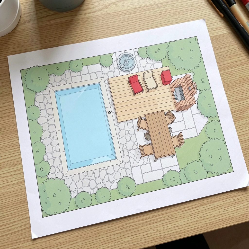 Planta baixa de lote 20x30 com piscina retangular e área de churrasqueira demarcadas.