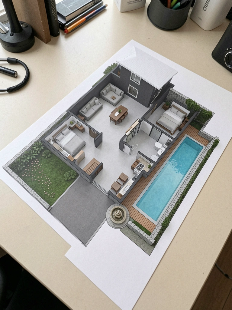 Piscina retangular estreita ao lado de deck linear de madeira, com parede de fundo e vegetação