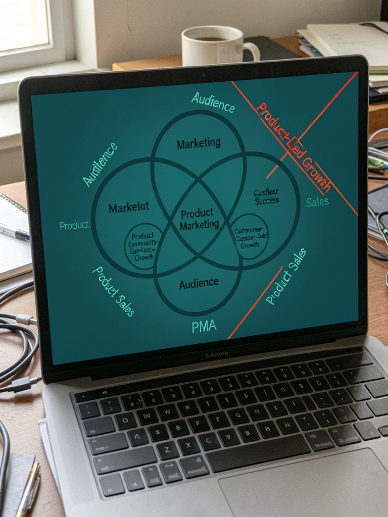 Pessoa em escritório usando notebook com gráficos de vendas e funil de marketing em tela.