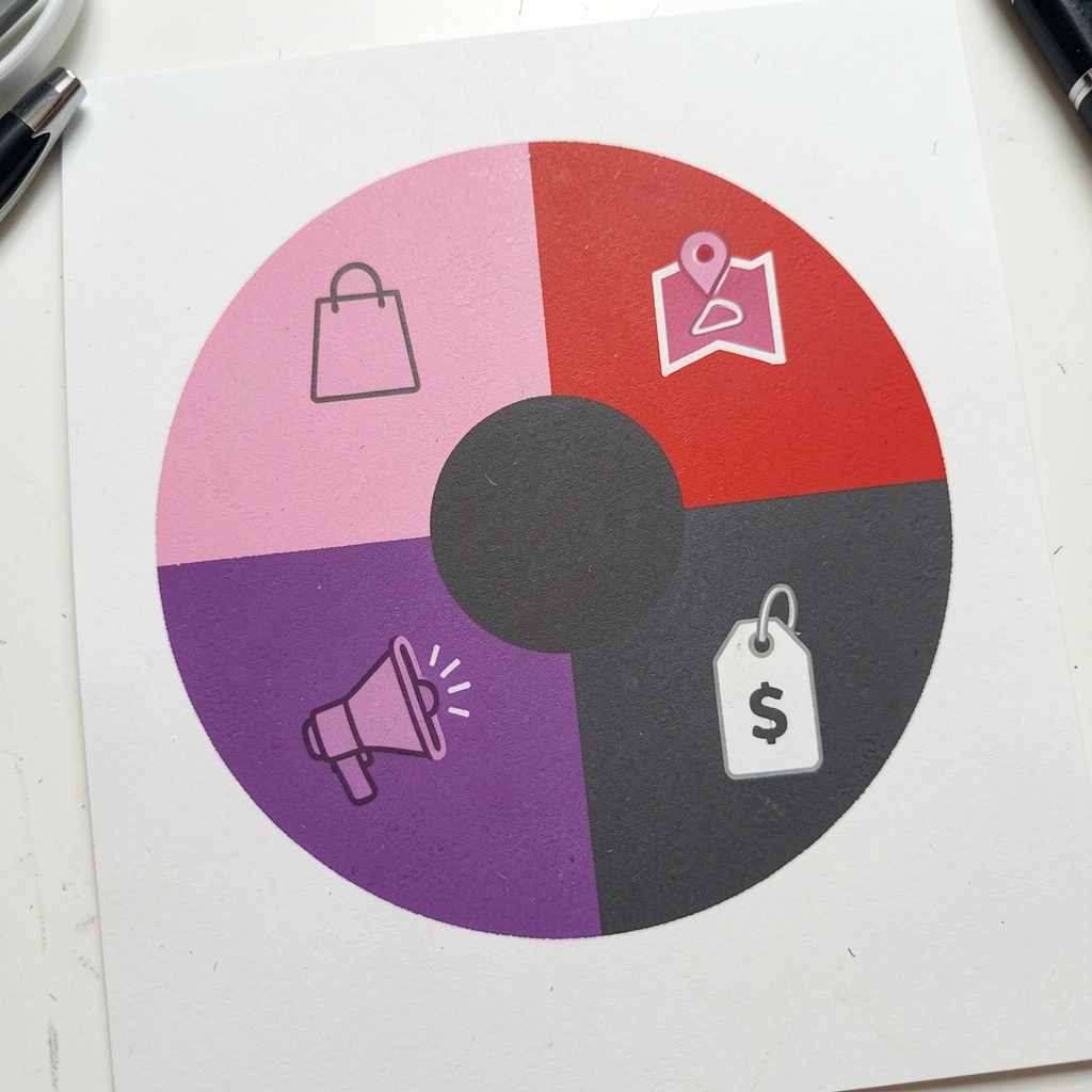 Quatro blocos coloridos com ícones de produto, etiqueta de preço, mapa e megafone