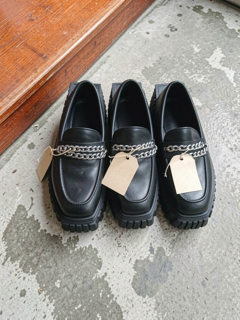 Três mocassins masculinos lado a lado sobre superfície neutra, cada um com etiqueta descritiva presa ao cabedal