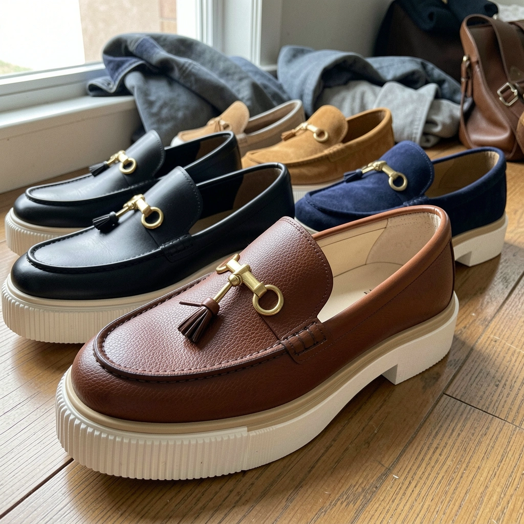 Mocassins masculinos casuais dispostos lado a lado em tons de couro marrom, preto e camurça