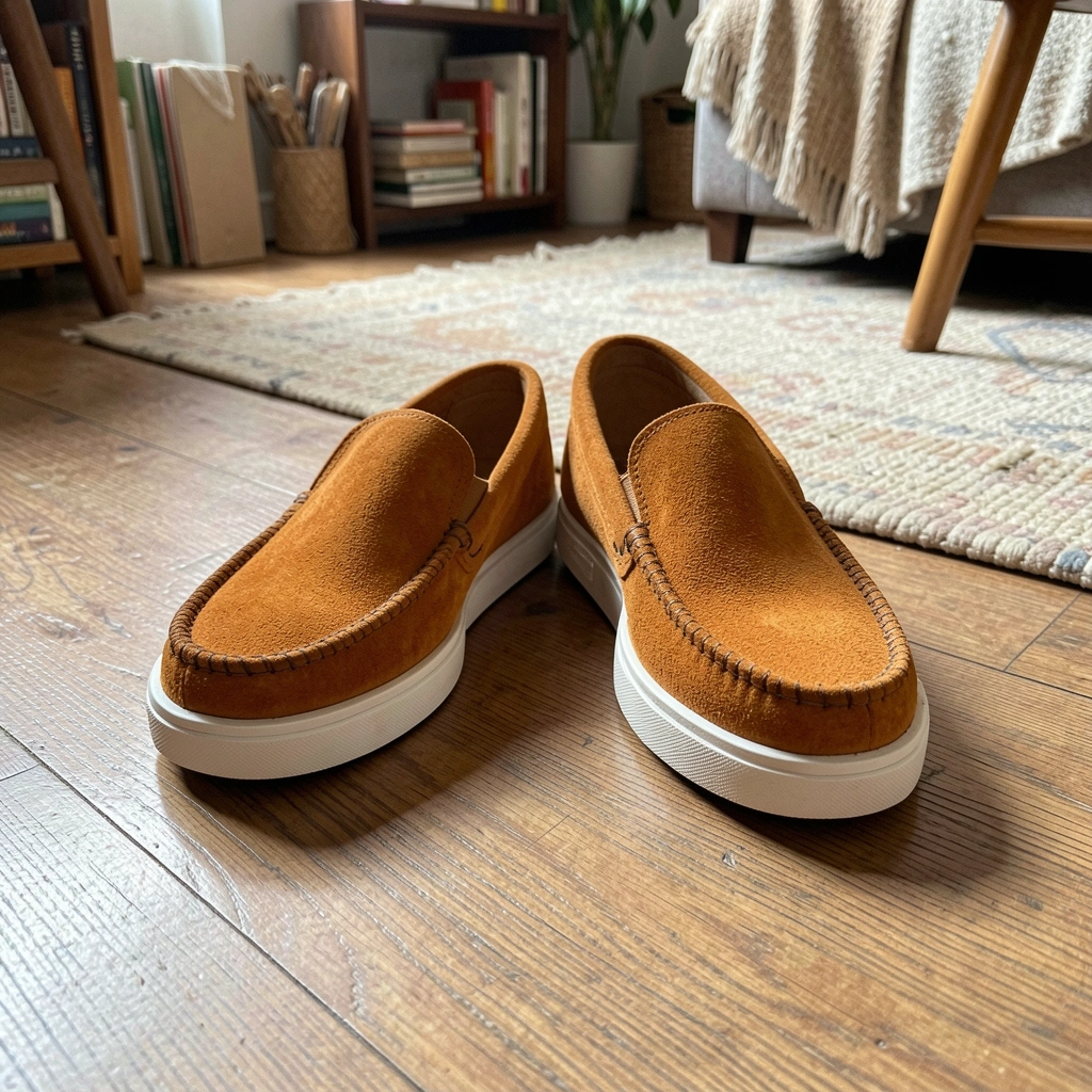 Mocassim de camurça caramelo sobre piso de madeira, com fundo desfocado em tons neutros.