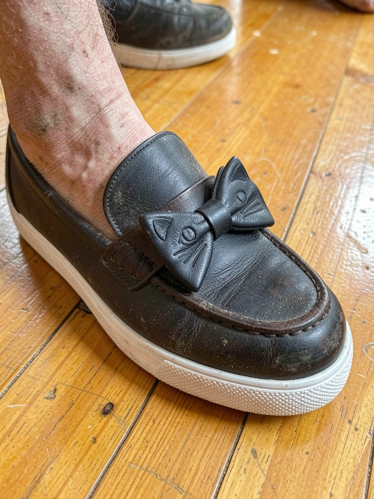 Detalhe de mocassim de couro marrom com gravata de gato estampada no cabedal