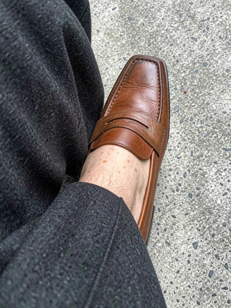 Mocassim masculino em couro marrom com bico quadrado, visto de lado sobre fundo neutro