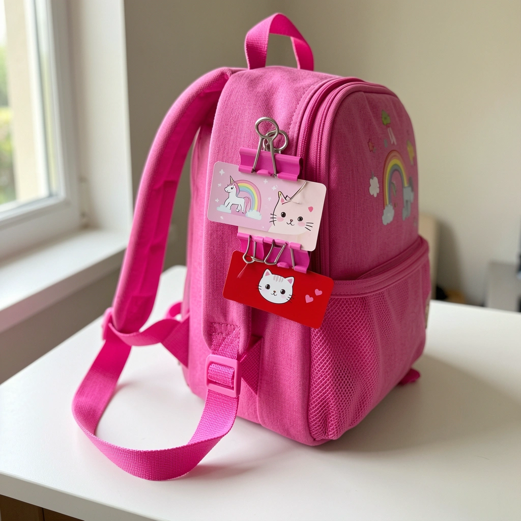 Mochila infantil colorida com tag de identificação pendurada na alça, sobre fundo claro.