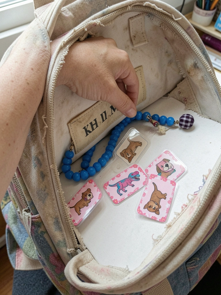 Mão abrindo etiqueta interna desbotada de mochila escolar usada.