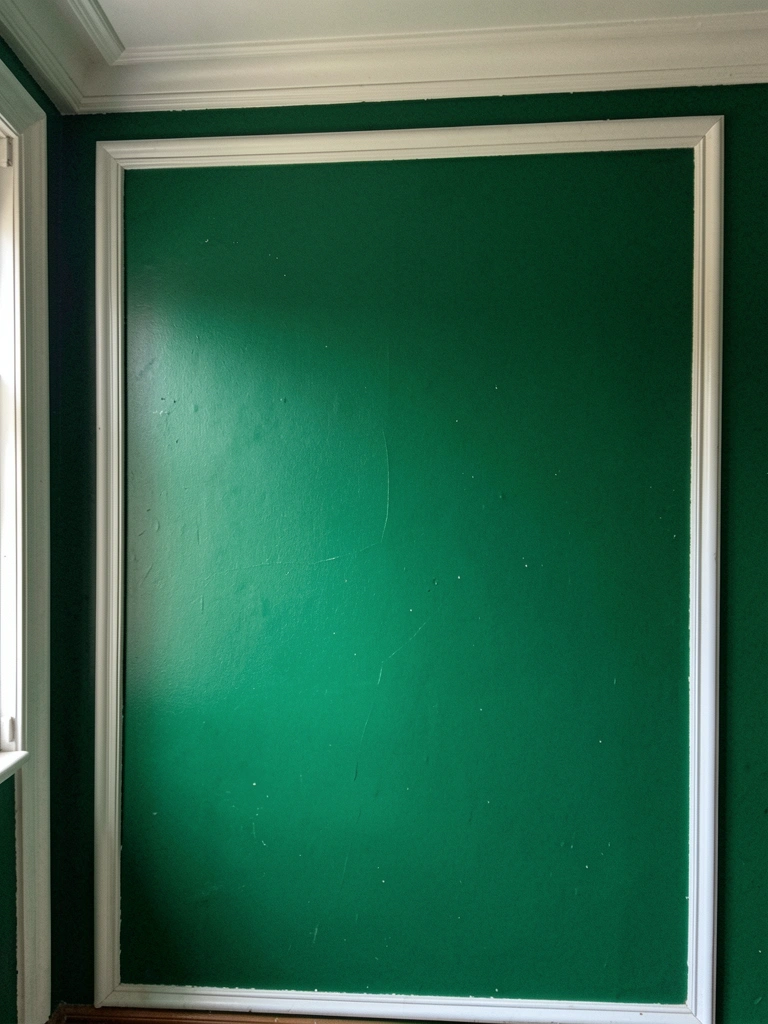 Parede pintada de verde esmeralda com moldura colonial branca e luz natural incidindo sobre a superfície