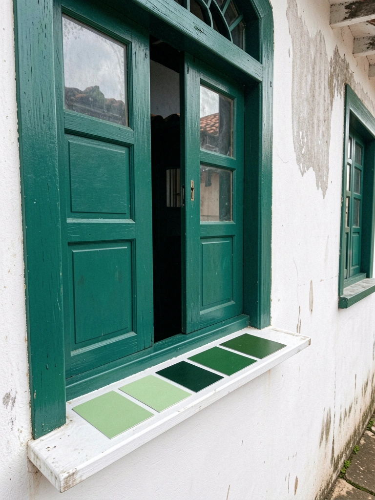 Esquadria de madeira pintada de verde com vidros e batentes em fachada colonial