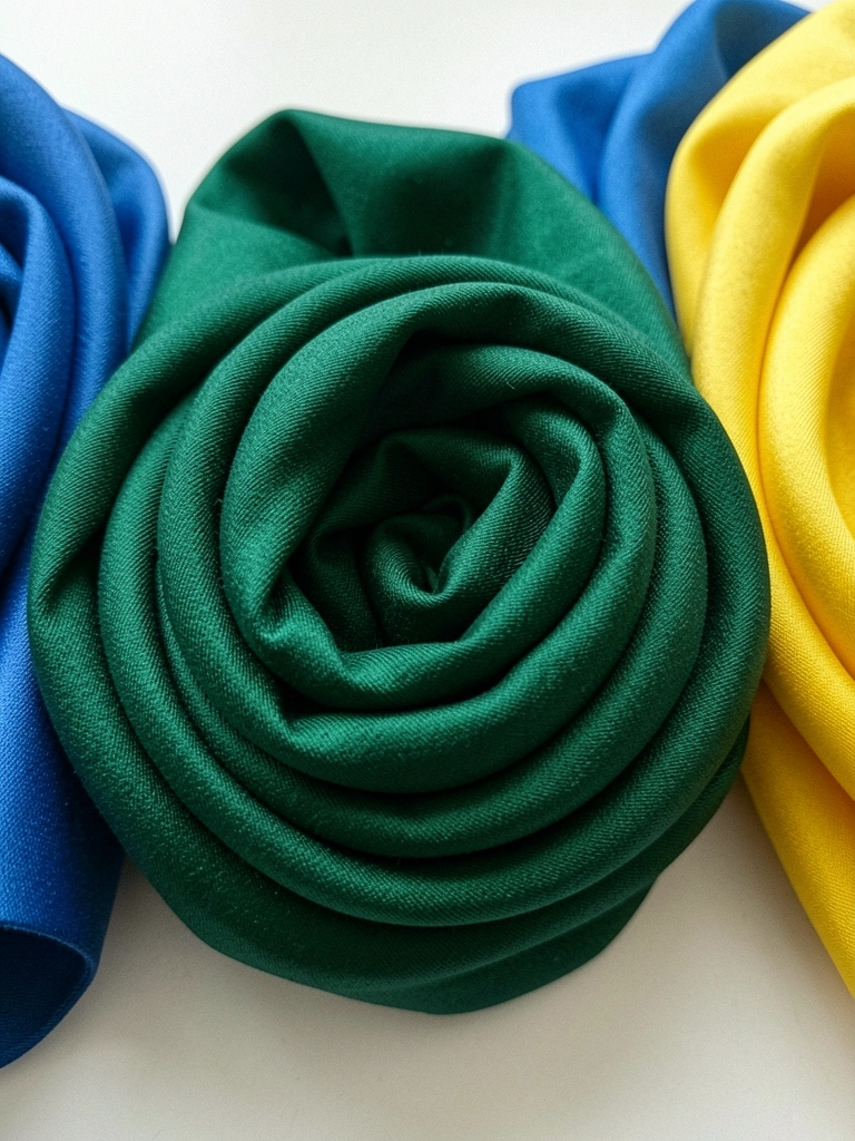 Três amostras de tinta lado a lado nas cores verde frio, azul e amarelo