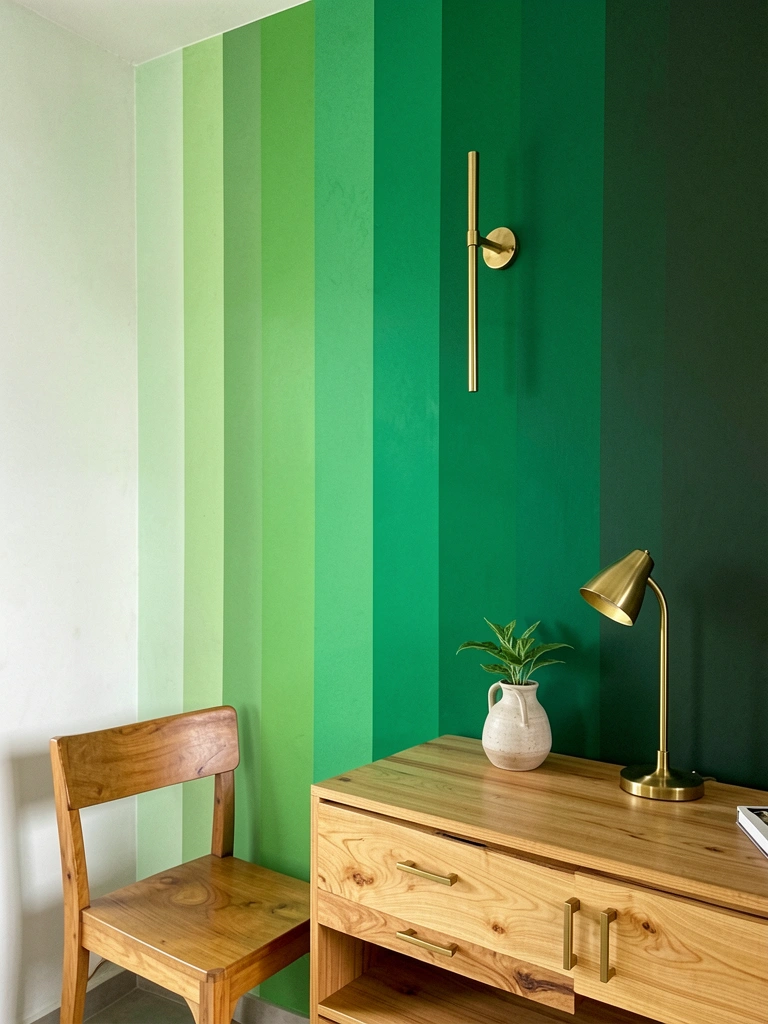 Sala com parede pintada de verde esmeralda, detalhes em latão e móveis de madeira freijó.