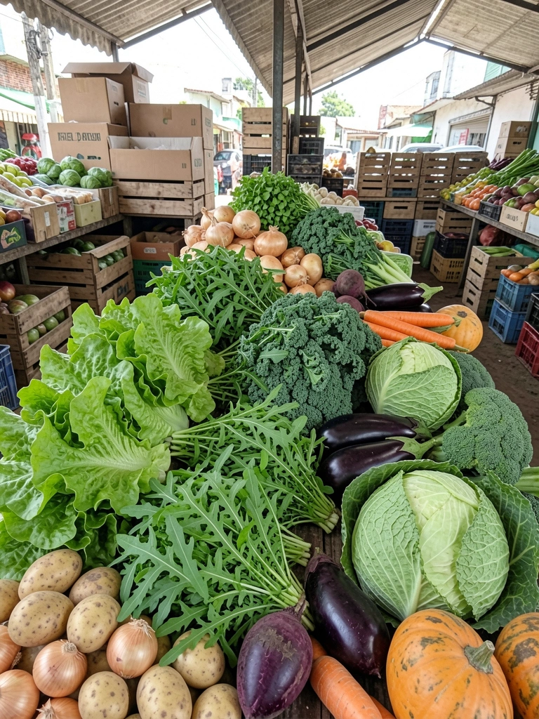 Maços de folhas verdes variadas empilhados sobre bancada de feira